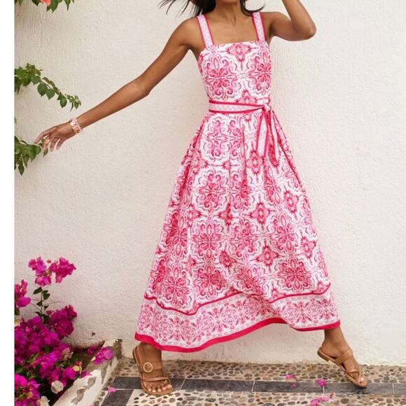 Talbots Women's Printed Tie Waist Midi Dress Size 6 Petite Pink Medallion - Picture 1 of 16